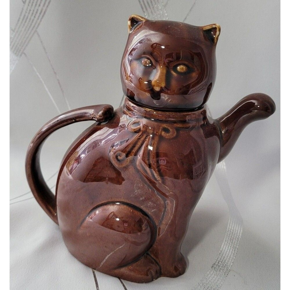 Vintage China Brown Cat Porcelain Tea Pot w/ Lid Unique Whimsical‎
